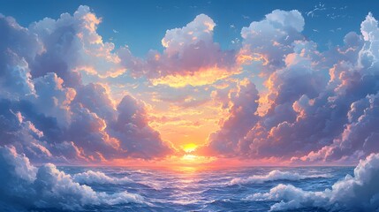 Wall Mural - a breathtaking sunset paints the sky with vibrant hues over a vast ocean, adorned with fluffy clouds