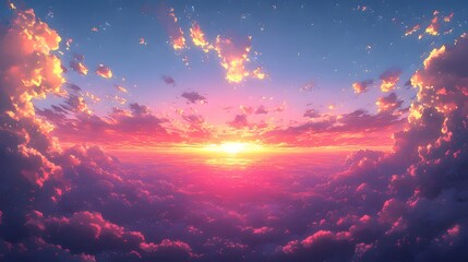Wall Mural - a vibrant sunset view from above, showcasing a breathtaking array of pink, orange, and purple clouds