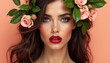 © anat_tikker - A stunning woman with a flower crown and vibrant red lipstick, a portrait of beauty and grace.