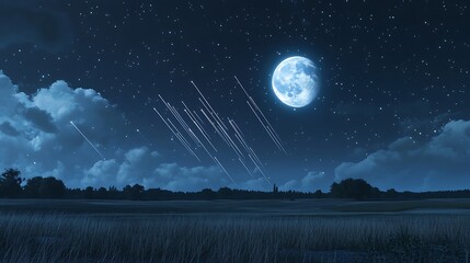 Wall Mural - Crescent moon glowing with meteors streaking across sky high resolution picture