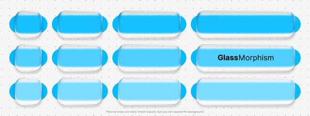 Liquid glass morphism vector design elements for user interface. Transparent interface buttons and shapes for abstract background.