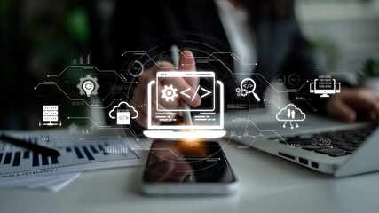 Modern web development concept featuring coding symbols, web development process, web development interface, and web development tools with futuristic design. Spline
