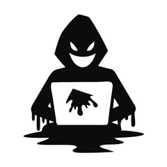 Silhouette of sinister hacker using a laptop with malicious intent