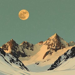 Wall Mural - Glittering golden moon above icy mountain peaks high resolution picture