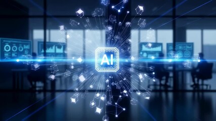 Wall Mural - Artificial intelligence chip connection over a modern office with men working, a concept of technology and human innovation in work.