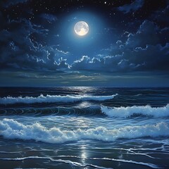 Wall Mural - Magical forest night glowing under golden moon in horizon high resolution picture