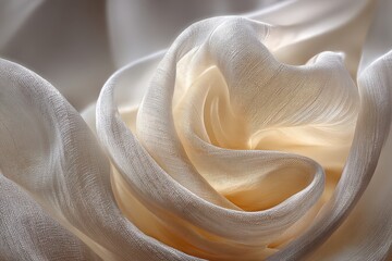 Wall Mural - Close-up shot of delicate, flowing cream fabric, elegantly draped to create soft and sensual curves, highlighting the texture and subtle light variations.