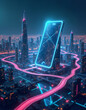 © MDARMAN - Cyberpunk Cityscape:  Giant Broken Smartphone Screen, Neon Lights, Futuristic Architecture, Night View.