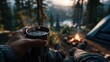 © Oleksandr - A man enjoys coffee by a campfire in a serene forest, exemplifying the camping lifestyle and relaxation in nature.
