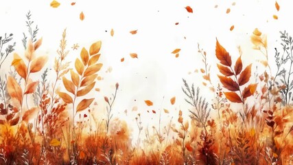 Warm autumn leaves and rustic wildflowers in a serene watercolor landscape