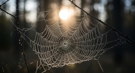 Dew drops on a spider web in the morning sun.