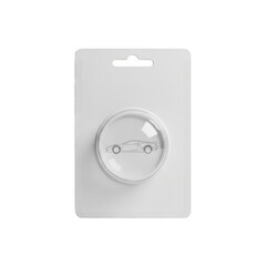 Blank white badge in retail packaging isolated on transparent background
