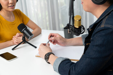 Smiling radio influencer host wearing headphone interviewing woman speaker sharing information to listeners on social media online website live streaming channel at morning at studio record. Infobahn.