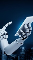 Wall Mural - robot hominoid use mobile phone or tablet for big data analytic using ai thinking brain , artificial