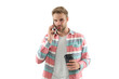 © be free - Phone call. Mobile connection. Guy with coffee. Student lifestyle. Coffee break. Modern communication. Man speak on phone isolated on white. Millennial man has phone call. Man talk on cellphone