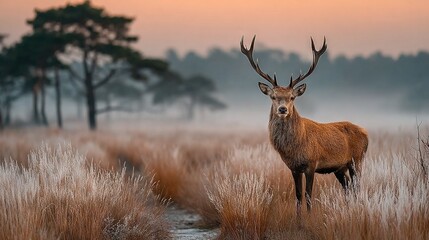 Canvas Print -   A deer stands amidst a sea of tall grass, surrounded by towering trees, as fog envelops the scene