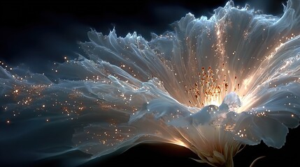 Wall Mural -   A close-up of a white flower with glittering petals against a black backdrop