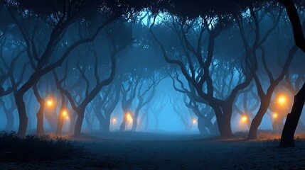 Wall Mural - a dark forest at night with street lights in the foreground and lamps illuminating it