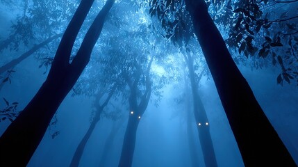 Wall Mural - a dense woodland with towering trees bathed in blue skies and illuminated by tree tops