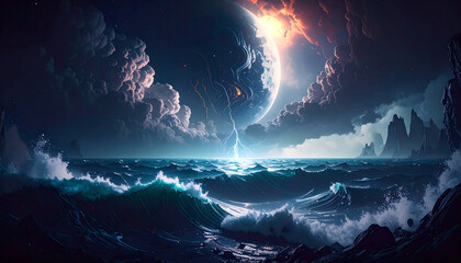 Wall Mural - the open ocean, The sky is overcast with heavy clouds, enhancing the tension
