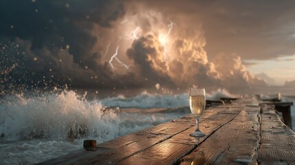 Wall Mural - a wine glass atop a wood table beside water, under cloudy sky