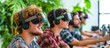 © skypiercer - Row of young men wearing VR headsets, smiling, with plants in background