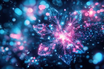 Bright neon snowflake with blue and pink sparkling bokeh lights effect