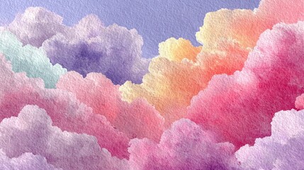 Wall Mural - blue sky, pink clouds, yellow sun rays, purple trees and blue mountains in the background - watercol