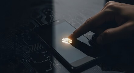 Person hand touching a smartphone screen with glowing fingerprint for secure access. Digital security and biometric authentication for banking.