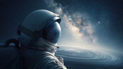 Wall Mural - a lone astronaut gazes at the breathtaking milky way galaxy from the vastness of space, observing sw