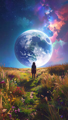 Wall Mural - a moonlit grassy field at night, gazing up at an enormous, hyper-detailed Earth 