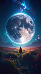 Wall Mural - a moonlit grassy field at night, gazing up at an enormous, hyper-detailed Earth 