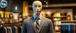 © skypiercer - A headless mannequin in a grey suit and yellow-blue striped tie stands in a men's clothing store. The background is blurred, showing various clothing items on shelves and racks