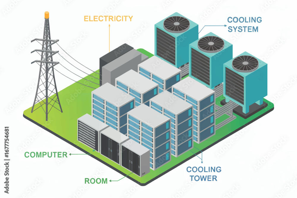 Modern data center design with cooling towers and electrical grid ...