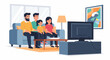 © Alena - Family watching tv together on cozy sofa in modern living room, family watching tv at home for comfortable relaxation. Weekend leisure depicts family fun, with mom, dad, and children bonding.