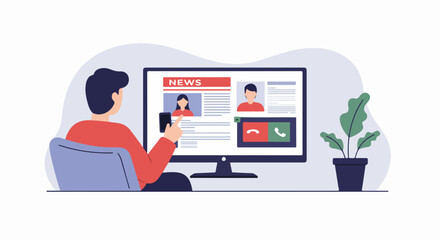 Person watching news on computer screen at home, using smartphone. Watching news, man reads news online while sitting comfortably. This scene symbolizes modern information consumption,