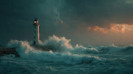 Wall Mural -   Lighthouse on water's edge with waves and stormy sky