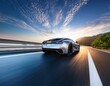© Leanne - futuristic sports car on highway powerful acceleration of a supercar on a day track with motion blur lights and trails