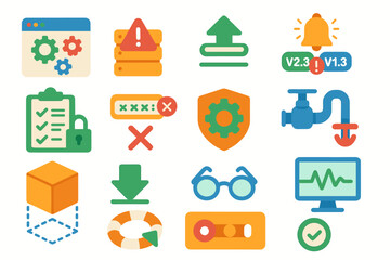 Software management flat icon set: update, security, monitoring, and more