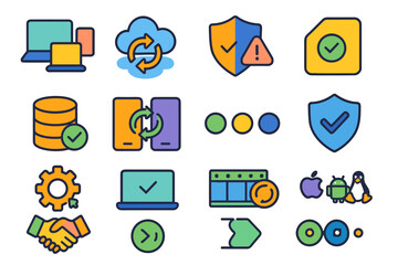 Technology and security line icon set. computer, backup, database, protection style