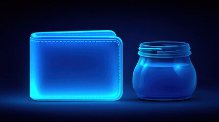 Wall Mural - glowing blue wallet and jar are displayed against dark background, creating modern and sleek aesthet
