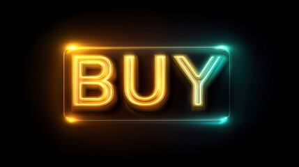 Wall Mural - bright neon sign displaying word buy in glowing orange and blue colors, set against dark background,