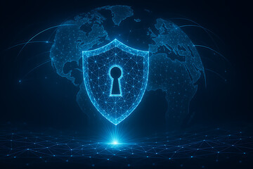 Wall Mural - blue digital shield icon positioned at the center of a transparent Earth