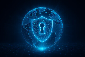 Wall Mural - blue digital shield icon positioned at the center of a transparent Earth