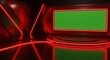 © Azwardi - Futuristic virtual news studio with a glowing red desk and a large green screen for chroma key compositing