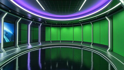 Sleek and contemporary virtual television studio set with a panoramic green screen for modern media production