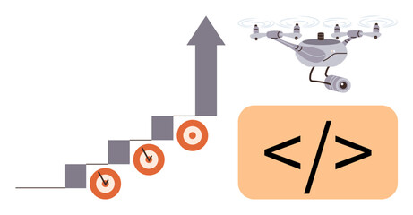 Growth with stairs and targets, Quadcopter symbolizing innovation, code interface as tech development. Ideal for business strategy, achievement, innovation, goal setting, technology advancement