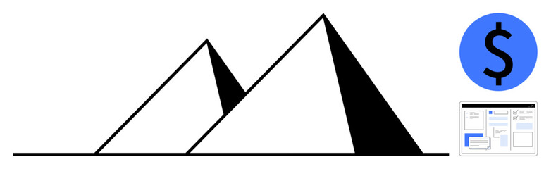 Black-and-white pyramids paired with a blue dollar circle and a digital web interface. Ideal for business, finance, technology, strategy, growth, web design, and simple flat metaphor