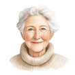 © Siriluck - Elderly woman with white hair, warm smile, cozy sweater, soft lighting, gentle expression