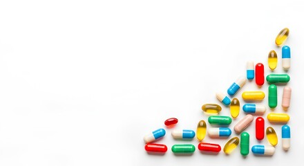 Colorful Capsules and Pills Arranged in Corner on White Background